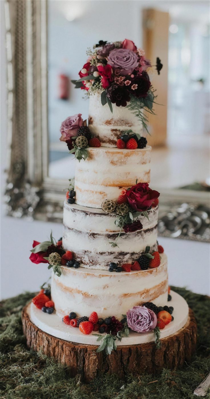 Semi-naked buttercream wedding cake with berries