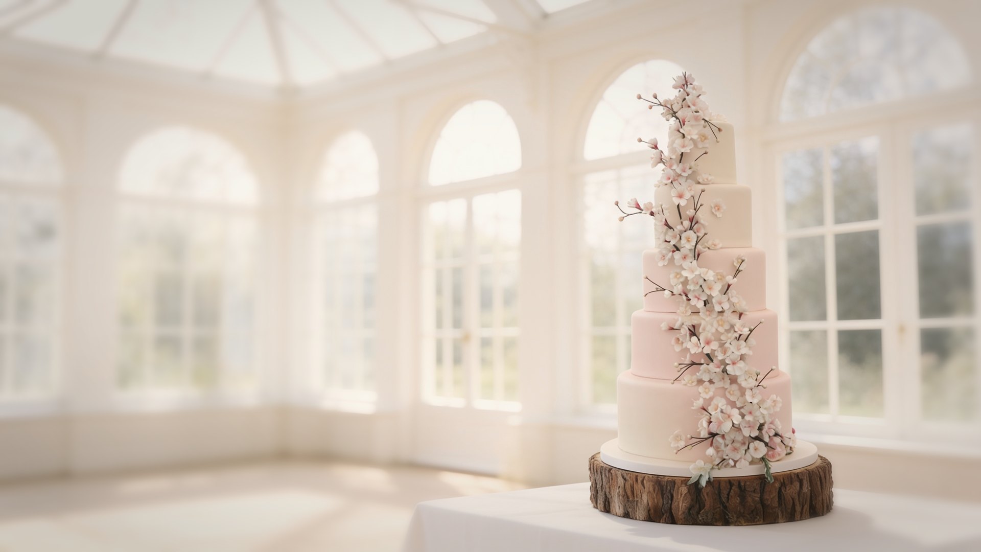 Five-tier blush wedding cake with a cascade of cherry-blossom sugar flowers on a rustic wood slice in a sunlit conservatory